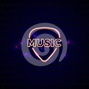 Neon music shop sign with plectrum. Glowing guitar shop vector emblem