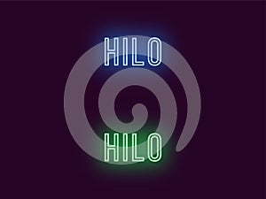 Neon name of Hilo city in Hawaii. Vector text
