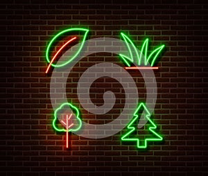 Neon nature sign vector isolated on brick wall.