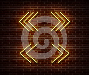 Neon navigation signs vector isolated on brick wall. Next, previous light symbol, decoration effect.