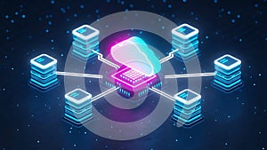 Neon network architecture with glowing central node and connected servers