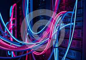 Neon Network Cables in Server Rack