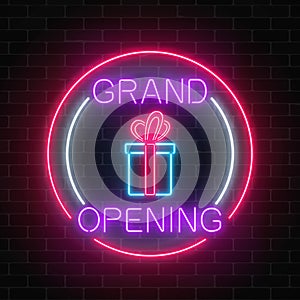 Neon new store grand opening with lottery and gift sign in circle shapes on a brick wall background.