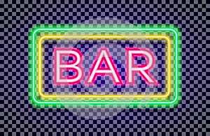 Neon night bar sign with colorful bright frame yellow and green color