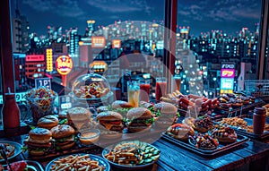 Neon night feast: colorful cityscape and fast food spread