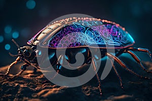 Neon Nightcrawler: Close-Up of High-Tech Cyborg Insect Glowing in Neon Colors