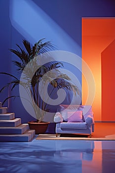 Neon Nights: Contrasting Colors in 1980s Miami Apartment. Generative AI