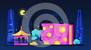 Neon nights in South Korea - modern colored vector illustration
