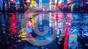 Neon Nightscape: Colorful Abstract City Reflections with Blurred Bokeh Lights on Dark Street for Night View