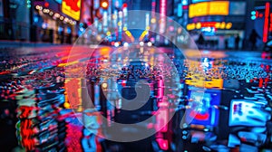 Neon Nightscape: Colorful Abstract City Reflections with Blurred Bokeh Lights on Dark Street for Night View