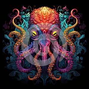 A neon octopus in a retro psychedelic design, adding a touch of whimsy by AI generated