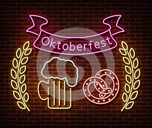 Neon Oktoberfest signs  isolated on brick wall. Germany holiday light symbol, festival decoration effect. Neon oktoberfest