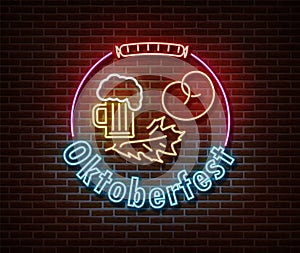 Neon Oktoberfest signs vector isolated on brick wall. Germany holiday light symbol, festival decoration effect. Neon oktoberfest