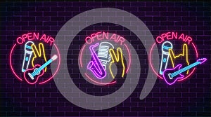 Neon open air signs collection with microphones, guitars and saxophone in round frame. Live music in open air icon.