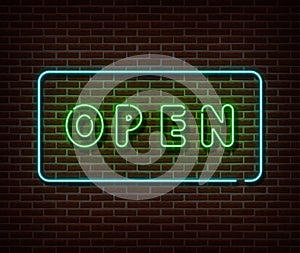 Neon Open door sign vector isolated on brick wall. Open bar banner light symbol, decoration effect. Neon illustration