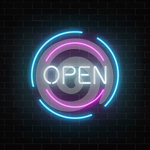 Neon open 24 hours and 7 days in circle frames sign on a brick wall background. Round the clock working store