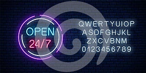 Neon open 24 hours 7 days a week sign in circle shaps with alphabet. Round the clock working bar