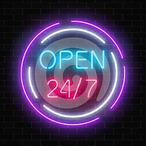 Neon open 24 hours 7 days a week sign in circle shaps on a brick wall background.
