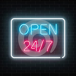 Neon open 24 hours 7 days a week sign in geometric shape on a brick wall background.