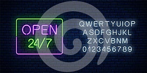 Neon open 24 hours 7 days a week sign in rectangle shape with alphabet. Round the clock working bar