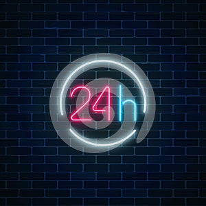 Neon open 24 hours sign in circle frame. Round the clock working bar or store signboard