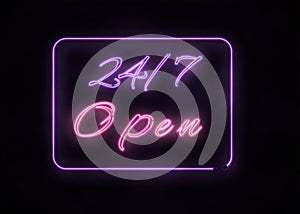 Neon Open 24/7 sign on black background.