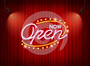 Neon open sign on curtain