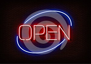 Neon Open sign light vector isolated on dark red brick wall. Night frame light decoration. Realistic