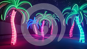Neon Palm Trees Under Starry Night Sky on Tropical Beach