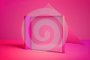 Neon parallelogram on pink background with copyspace, created with Generative AI technology