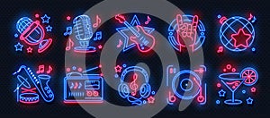 Neon party icons. Dance music karaoke light signs, glowing concert banner, rock bar disco poster. Vector retro night