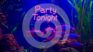 Neon party tonight sign with fish in aquarium