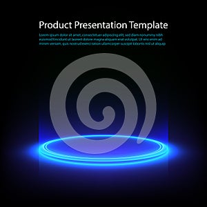 Neon pedestal. Blue glowing ring on glossy floor. Abstract hi-tech background for display product. Vector template. photo