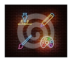 Neon pencil, paint tool, pen, brush signs vector isolated on brick wall. Drawing light symbol, decor