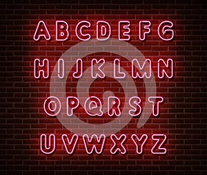 Neon pink alphabet type font vector isolated on brick wall. ABC typography letters light symbol, decoration text effect. Neon