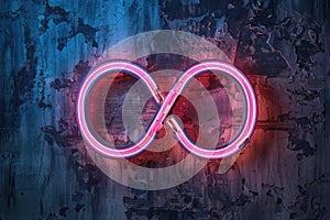 Neon pink and blue infinity symbol on dark wall. AI Generated