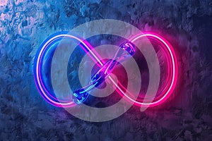 Neon pink and blue infinity symbol on dark wall. AI Generated