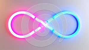 Neon pink and blue infinity symbol on grey background. AI Generated