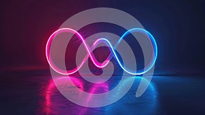 Neon pink and blue infinity symbol with reflection against dark wall. AI Generated