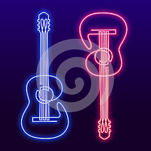 Neon pink blue light lamp continuous line drawing of acoustic guitar vector. Musical instrument single line for