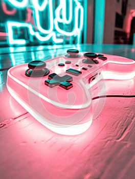 A neon pink controller sits on a table