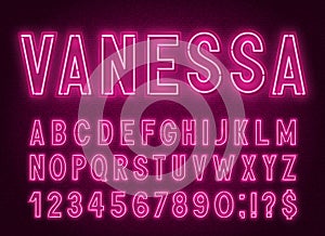 Neon pink font, light alphabet with numbers.