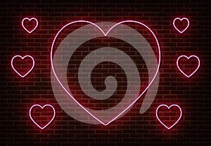Neon pink heart sign vector isolated on brick wall. Light heart, shop decoration element. Neon love