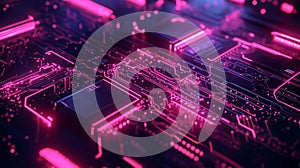 Neon pink illuminated circuit board close up