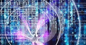 Neon pink light trails over computer code, program coding and technology concept