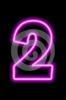 Neon pink number 2 on black background. Serial number, price, place