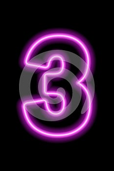 Neon pink number 3 on black background. Learning numbers, serial number, price, place