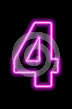 Neon pink number 4 on black background. Learning numbers, serial number, price, place