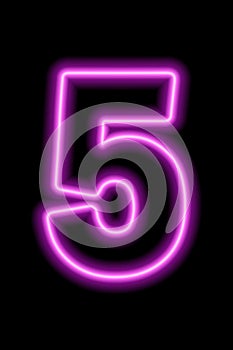 Neon pink number 5 on black background. Serial number, price, place