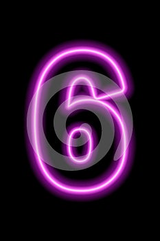 Neon pink number 6 on black background. Learning numbers, serial number, price, place